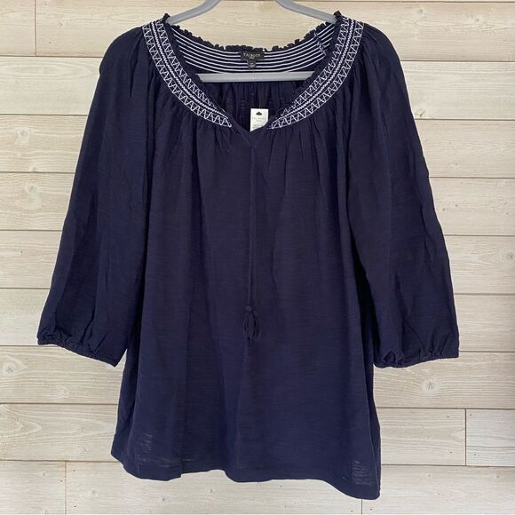 Talbots 100% cotton embroidered blouse, 1X Navy, 3/4 length sleeves NWT - Picture 1 of 6